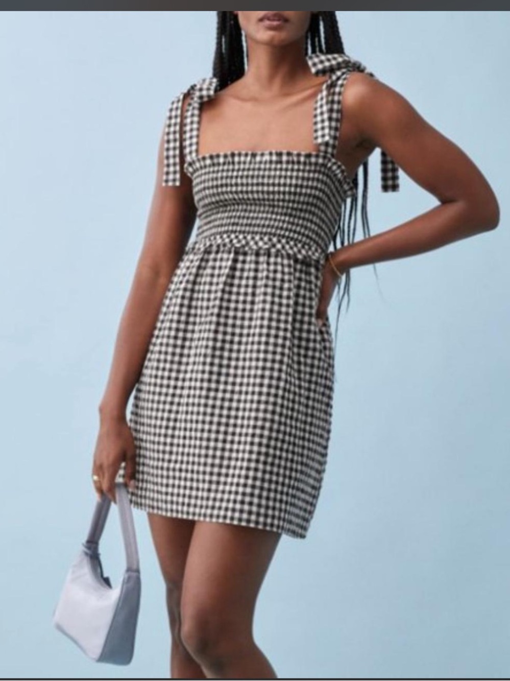 Reformation Black & White Gingham Tie-Shoulder Mini Dress